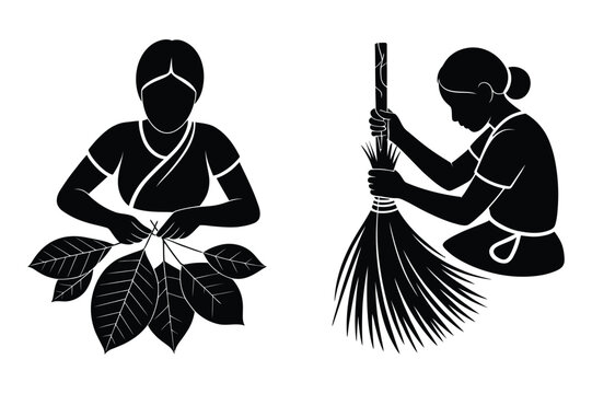 Women preparing traditional leaves and crafting natural fiber brooms vector