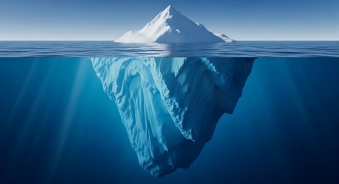 A view of a massive iceberg showing its hidden underwater structure against a clear blue sky. iceberg metaphor