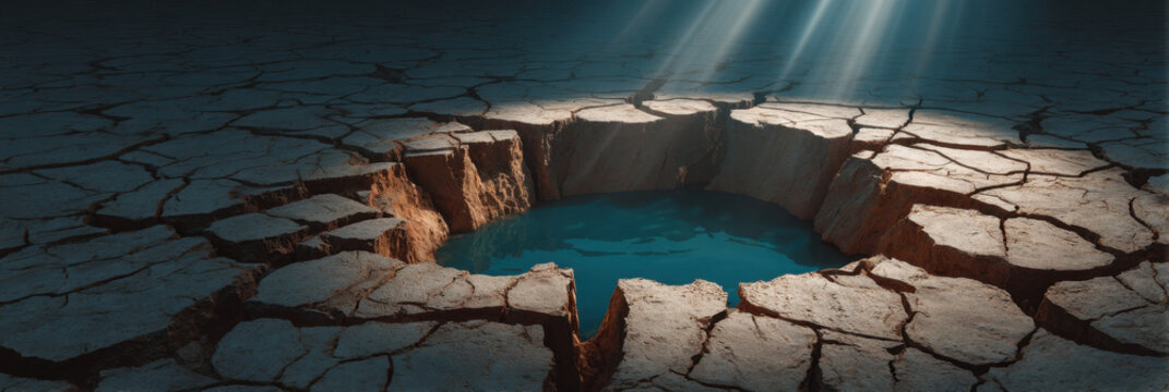 Deep cracked pit dry desert ground blue water cracked soil arid landscape surreal scene dramatic light underground hole barren terrain mysterious void