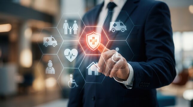 Providing financial security through health insurance, a businessman accesses medical services and benefits on a digital screen.