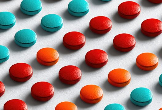 Colorful round pills arranged in a uniform, repeating pattern