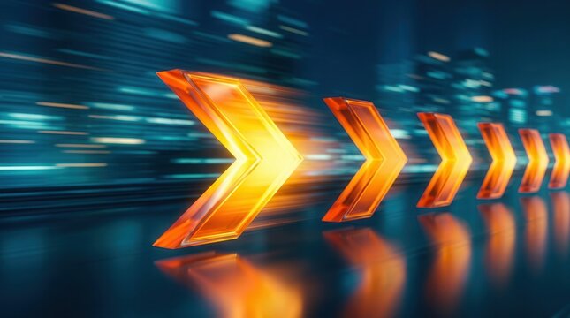 Abstract depiction of corporate progress: an orange chevron arrow swiftly moving forward over a dynamic, blurred blue backdrop.