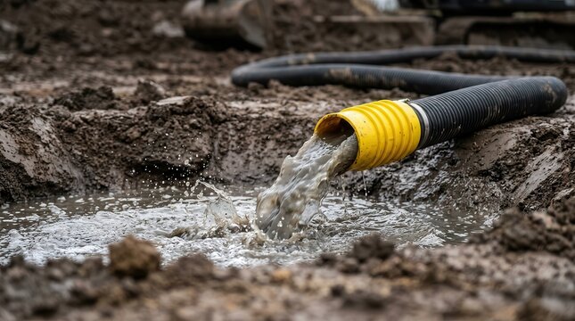 A vacuum pump and robust hose are actively extracting and pumping sewage from a septic tank during critical septic system maintenance.
