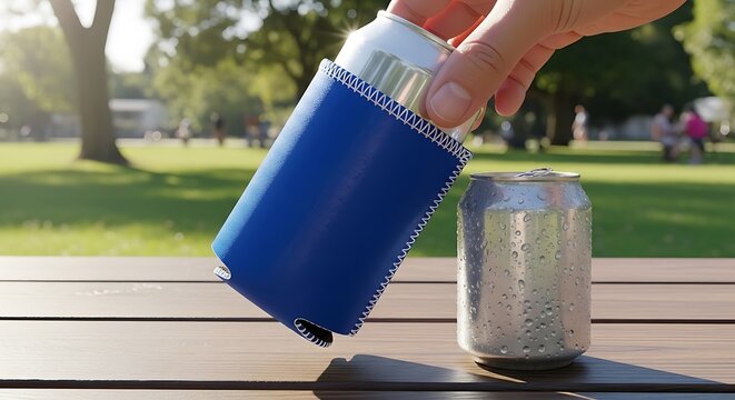 A hand placing a blue neoprene beverage cooler sleeve onto a metal drink can outdoors at a park. koozie mockup