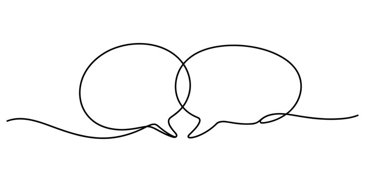 A minimalist single line drawing of two connected speech bubbles on a plain white background.