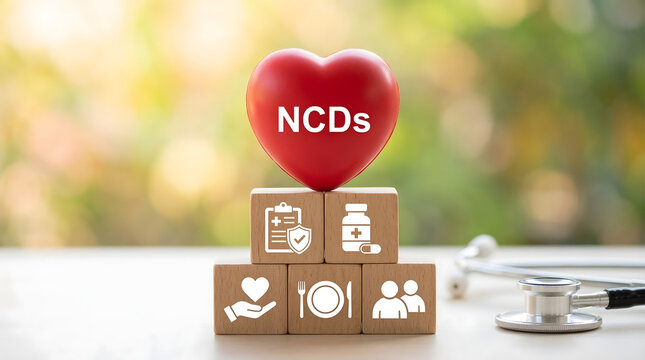 Red heart with NCDs on wooden blocks illustrating non communicable disease awareness and care