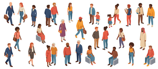 Diverse isometric characters set with families, seniors and children together.