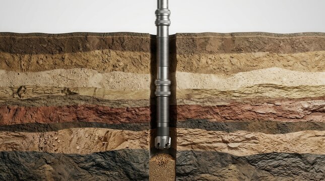 The concept of deepwater subsurface extraction is shown as a drill bit penetrates a diverse, layered wellbore formation.