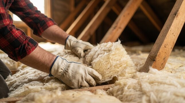 Close-up of a professional installing fiberglass batt insulation in an attic, crucial for superior energy efficiency and a robust thermal barrier.