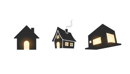 Fototapeta premium Collection of Stylized Black House Silhouettes with Glowing Windows