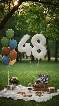 Milestone 48th Birthday Picnic Celebration with White Number Balloons and Gourmet Snacks in a Sunny Garden