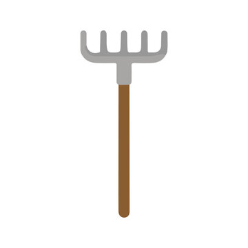 Garden rake illustration with wooden handle, farming and landscaping tool icon in flat vector style
