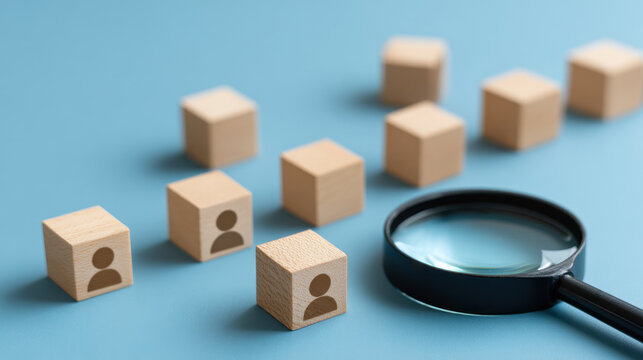 Aerial view wooden cube business team organization chart with magnifying glass on blue background, human resource management concept and selection of employee roles
