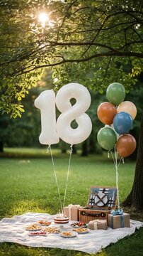 Outdoor 18th Birthday Picnic Celebration with White Number Balloons and Gifts