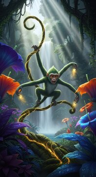 Green monkey with four arms hangs from a golden glowing vine in a vibrant tropical rainforest.