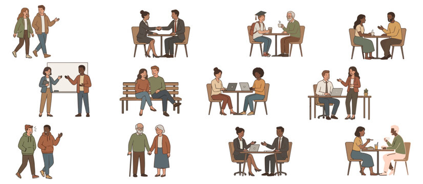 People vector illustration set. collection of diverse groups of men and women communicating.