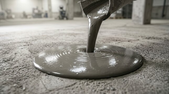 Detail of pouring cement patch into a floor crack, demonstrating wet mortar application for concrete restoration.