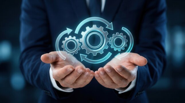 A businessperson's hands illustrate process alignment and operational transformation with interlocking gear and arrow icons, signifying effective change management in business.