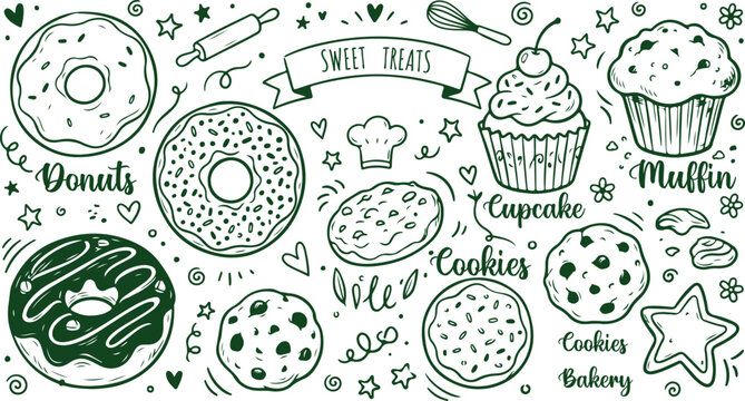 Sweet Treat Delight: An array of charming, hand-drawn illustrations showcasing a delightful variety of delectable sweets. It's a visual feast for the eyes