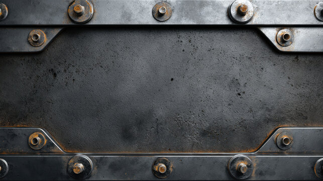 Industrial metal background with bolts and rusted steel plate texture, dark mechanical wall surface for design and copy space