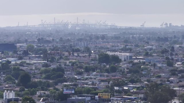 Aerial of Torrance with Vincent Thomas Bridge and Port of LA Cranes