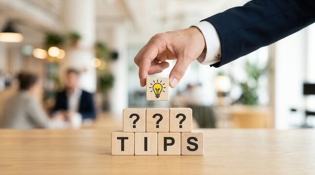 Unlocking smart ideas and practical solutions through quick tips, visually presented by a lightbulb atop wooden advice blocks.