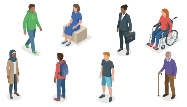 People isometric vector illustration set. collection of diverse groups of men and women.