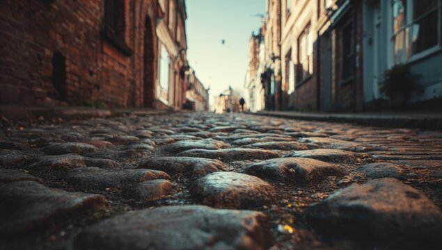 Cobblestone street view looking up a narrow town road