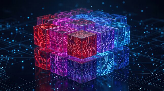 Secure data architecture visualization with a glowing stacked cube grid, illustrating data governance and access control policies.
