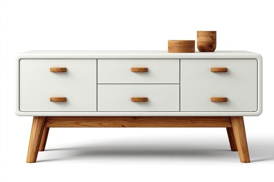 White cabinet w/wood knobs, wood legs, & wood objects atop