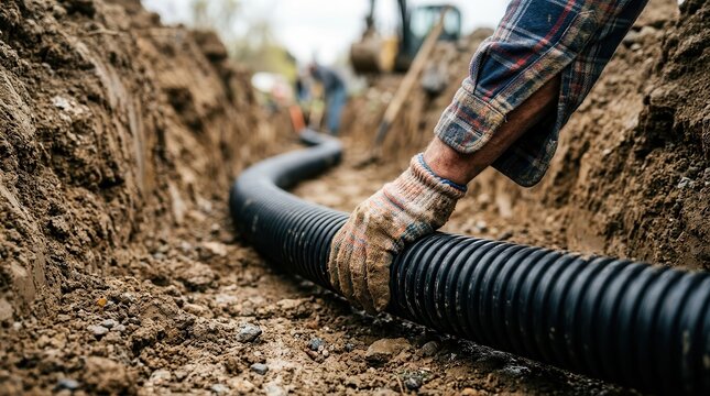 Corrugated drainage pipe installation by a worker in a trench facilitates trench drain control and pipe management for efficient water channeling and erosion prevention.