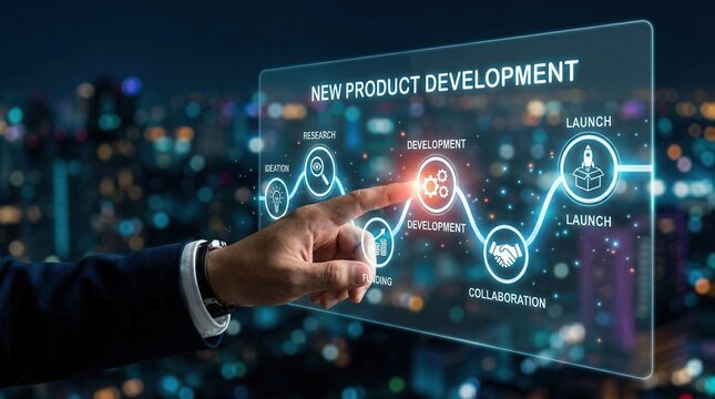The concept of a new product development roadmap, with icons for ideation, development, and launch, shown on a digital virtual screen by a business professional.