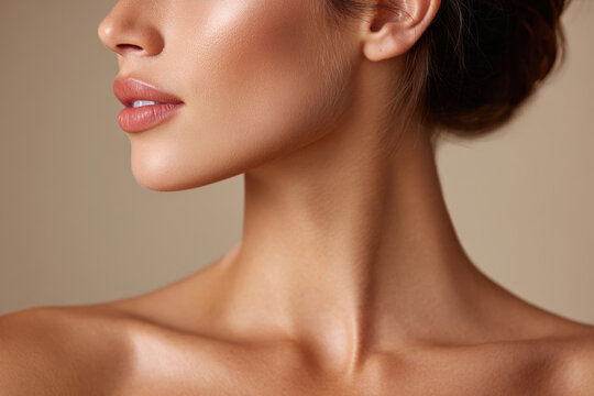 Beauty portrait of elegant neck and smooth skin with soft lips in studio close up