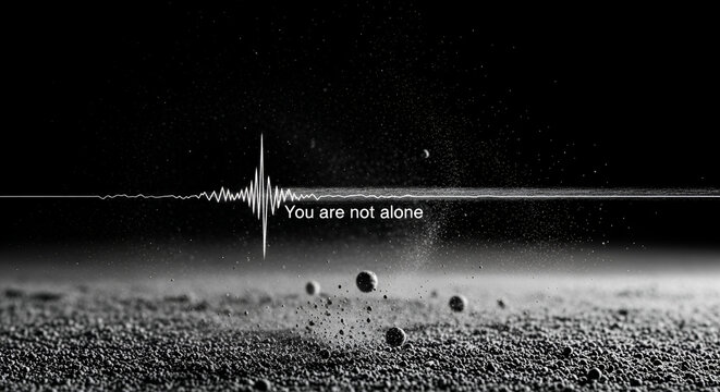Interstellar radio signal waveform with You are not alone text, floating particles on dark alien landscape, cosmic connection, search for extraterrestrial life, sci-fi concept.