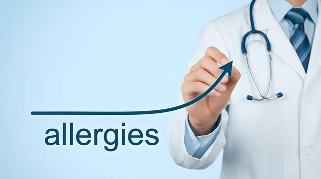 Doctor indicates a growing prevalence of allergies with an upward trending arrow