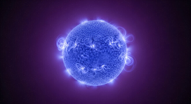 Blue star radiating intense solar flares and magnetic loops in deep space, glowing celestial body, powerful stellar energy, astrophysics background, astronomy cosmic phenomena.