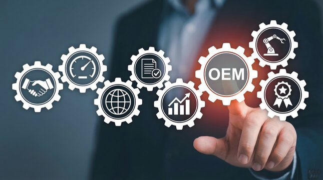 Hand interacts with OEM gear in a network of business and technology icons