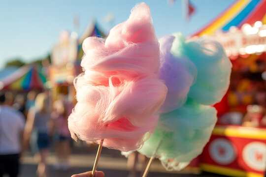 Sweet and Colorful Cotton Candy Delights Held High at a Vibrant Summer Fair with Blurred Background Ambiance