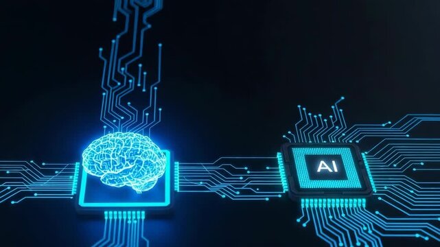 Glowing Digital Brain Connected To Ai Chip Via Circuit Board Against Dark Background Machine Learning Technological Advancement Potentially For Data Science Futuristic Designs