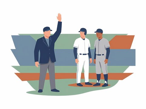 A flat vector illustration of a baseball umpire raising his hand to declare a called game or stop play.