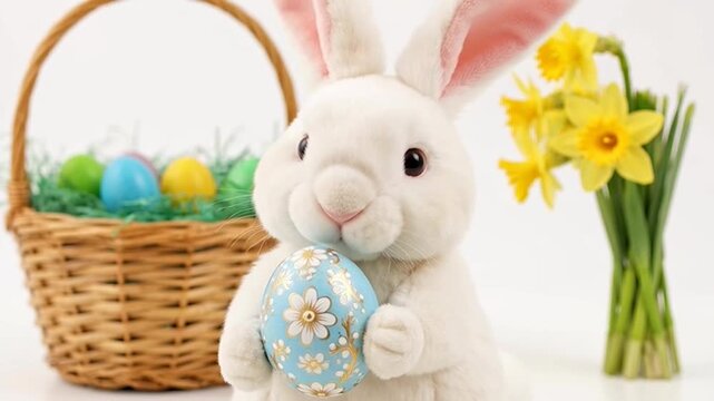 A soft white toy rabbit holds a decorative blue egg near a woven basket and yellow flowers