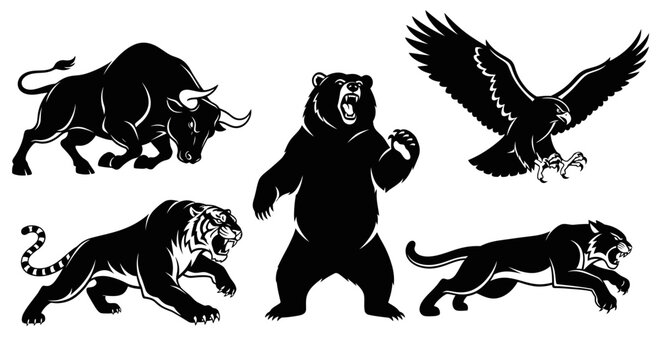 Aggressive Animals Silhouette Collection: Bull, Bear, Eagle, Tiger, Panther