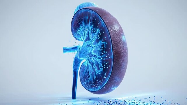 Shining blue purple kidney on blue background for medical science study
