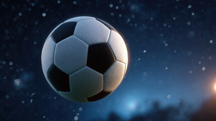 Naklejka premium Soccer ball flying through blue night sky with soft glow and motion blur, close up of sport ball in midair, dramatic action scene