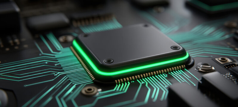 Computer chip glowing green circuit electronic board microprocessor digital technology data flow integrated circuit close up hardware futuristic computing