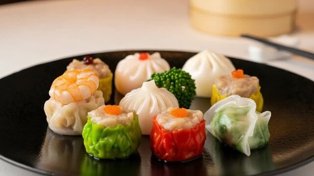 Artisanal Cantonese Yum Cha Tasting Platter with Colorful Siu Mai and Shrimp Dumplings