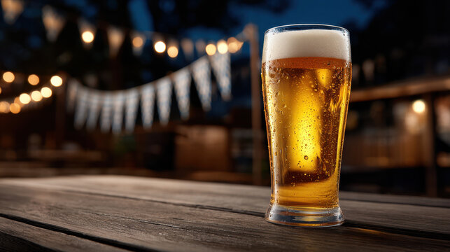 Beer glass golden lager foam head cold drink pint glass alcoholic drink refreshing beverage pub table wooden table blurred background bokeh light evening mood bar setting transparent glass amber