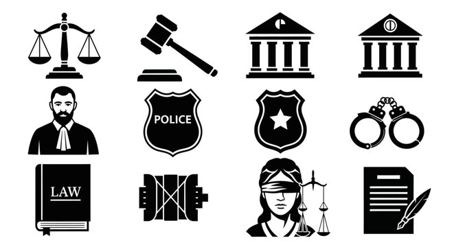 Law and Justice Icons: Scales, Gavel, Courthouse, Police Badge, Handcuffs, Book, Scales of Justice
