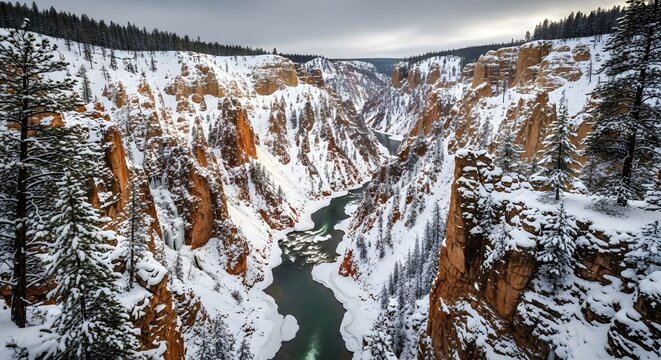 A breathtaking winter landscape showing a winding river flowing through a deep canyon with rugged cliffs covered in fresh white snow and evergreen trees