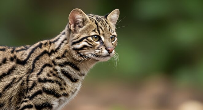 A close up portrait of a beautiful tigrillo wild cat with striking spotted fur and golden eyes looking alert against a blurred green forest background